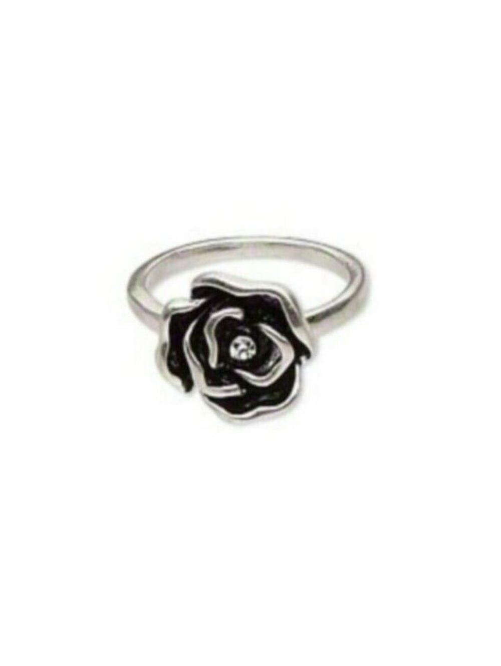 Artsy Silver Black Dimensional Rose Flower Austrian Crystal Ring Size 8